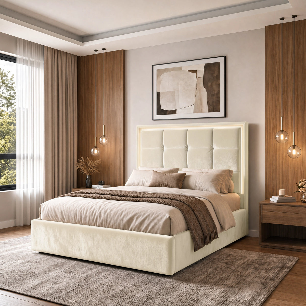 [Beige | Double] LED ottoman bed lifestyle room view with glowing headboard border and bedside storage