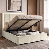 [Beige | Double] LED ottoman bed open with gas-lift frame, slatted base and hidden storage