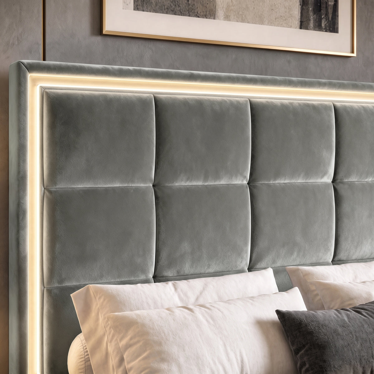 [Grey | Double] Close-up of square-panel padded headboard with recessed LED light border