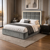 [Grey | Double] LED ottoman bed lifestyle room view with glowing headboard border and bedside storage