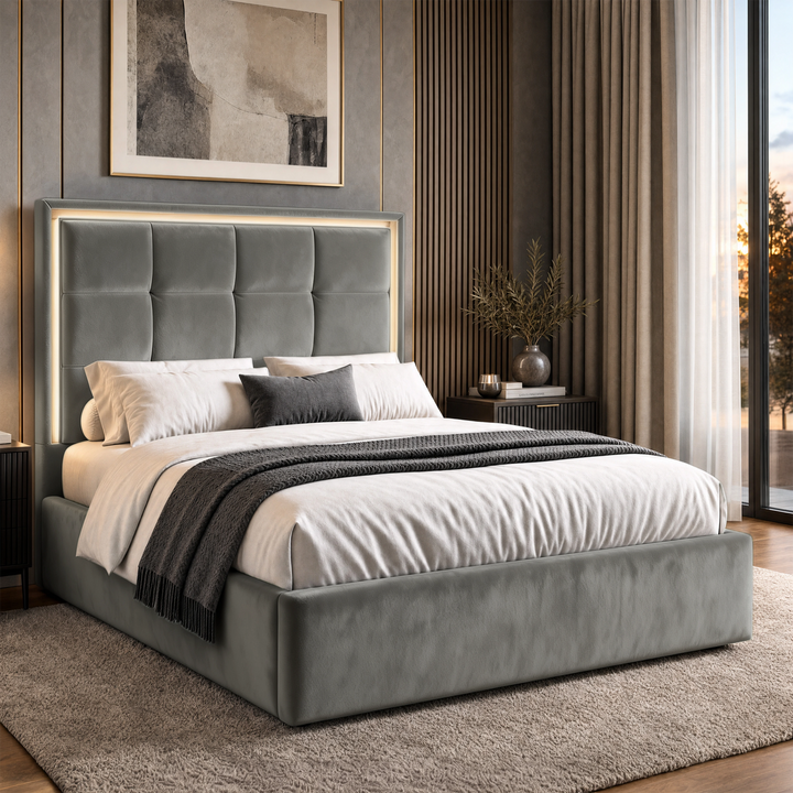 [Grey | Double] LED ottoman bed in bedroom with square-panel headboard, lit LED border and padded base