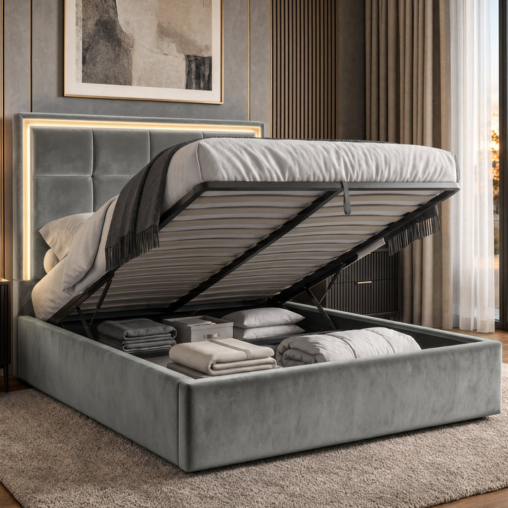 [Grey | Double] LED ottoman bed open with gas-lift frame, slatted base and hidden storage