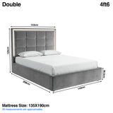 [Grey | Double] LED ottoman bed dimensions: frame 143W x 208L x 125H cm; mattress 135 x 190 cm