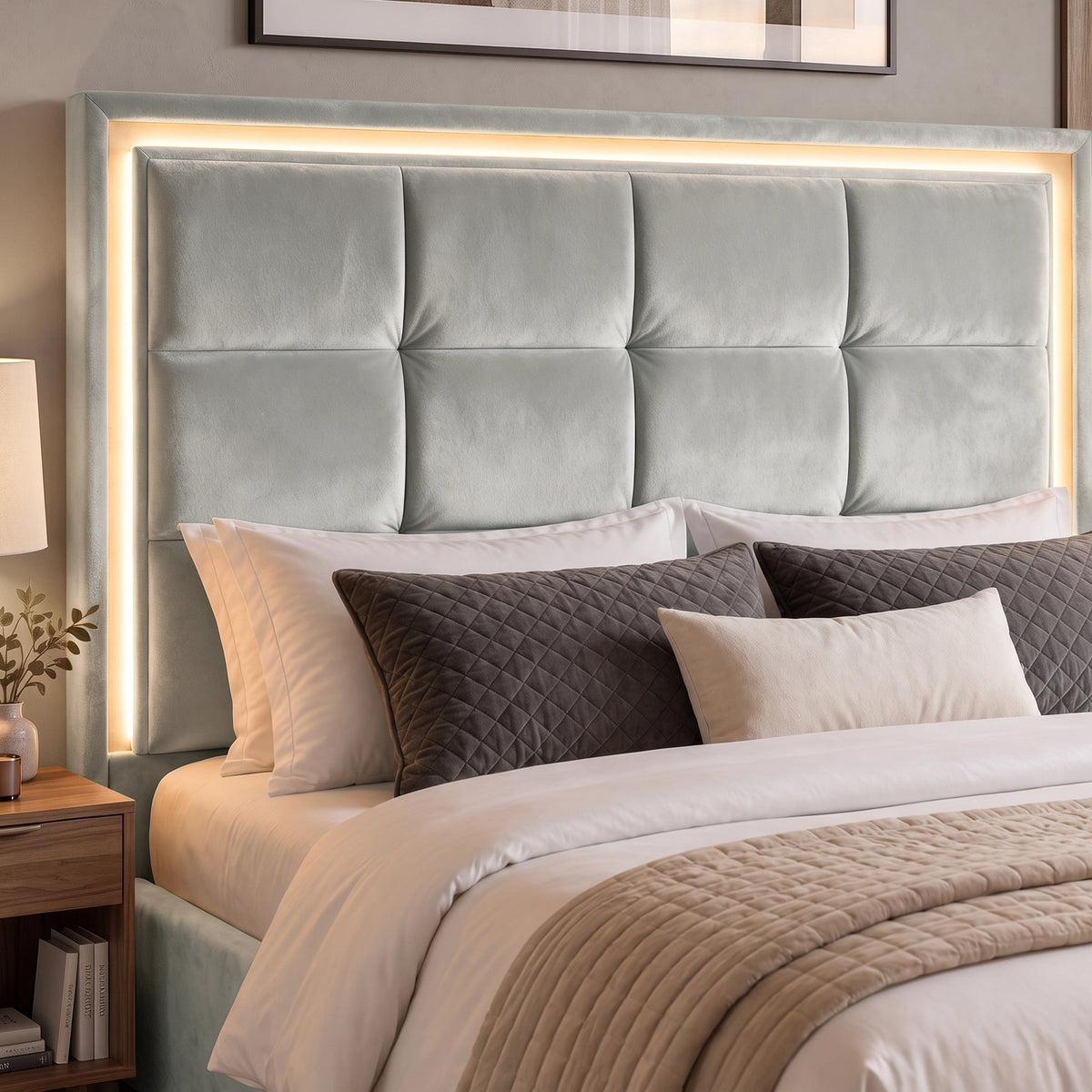 [Light Grey | Double] Close-up of square-panel padded headboard with recessed LED light border