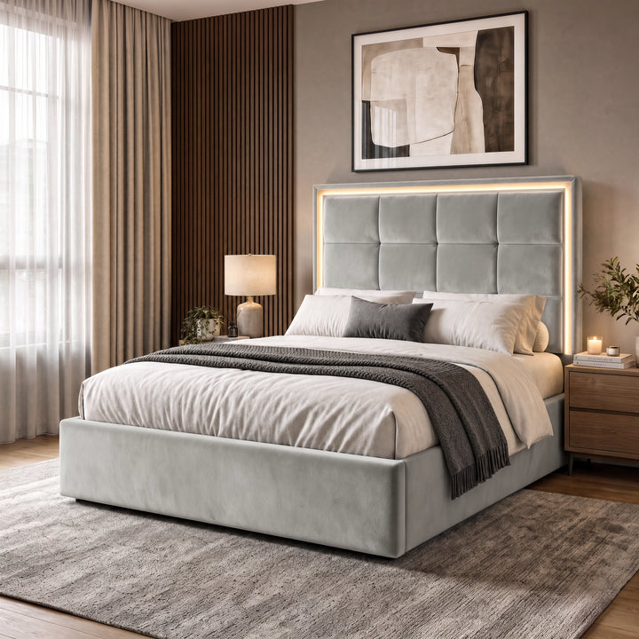 [Light Grey | Double] LED ottoman bed lifestyle room view with glowing headboard border and bedside storage