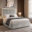 [Light Grey | Double] LED ottoman bed in bedroom with square-panel headboard, lit LED border and padded base