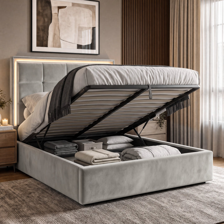 [Light Grey | Double] LED ottoman bed open with gas-lift frame, slatted base and hidden storage