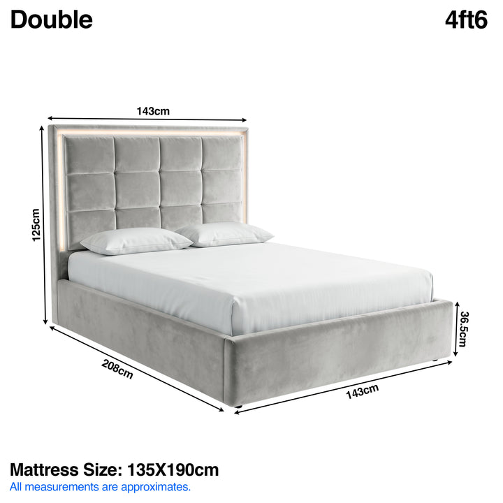 [Light Grey | Double] LED ottoman bed dimensions: frame 143W x 208L x 125H cm; mattress 135 x 190 cm