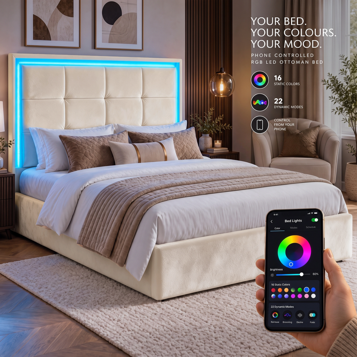 [Beige| King] bedroom scene shows a beige upholstered bed with a glowing LED headboard, and a hand holding a smartphone displaying the bed-light control app.