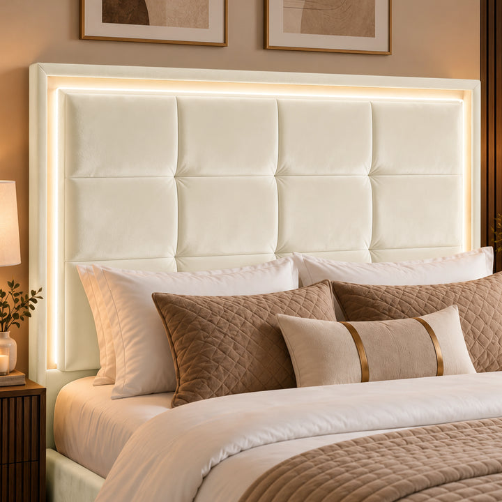 [Beige | King] Close-up of square-panel padded headboard with recessed LED light border