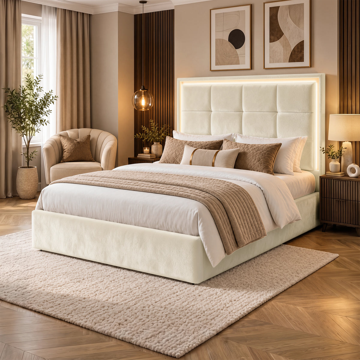 [Beige | King] LED ottoman bed lifestyle room view with glowing headboard border and bedside storage
