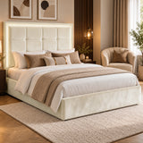 [Beige | King] LED ottoman bed in bedroom with square-panel headboard, lit LED border and padded base