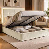 [Beige | King] LED ottoman bed open with gas-lift frame, slatted base and hidden storage