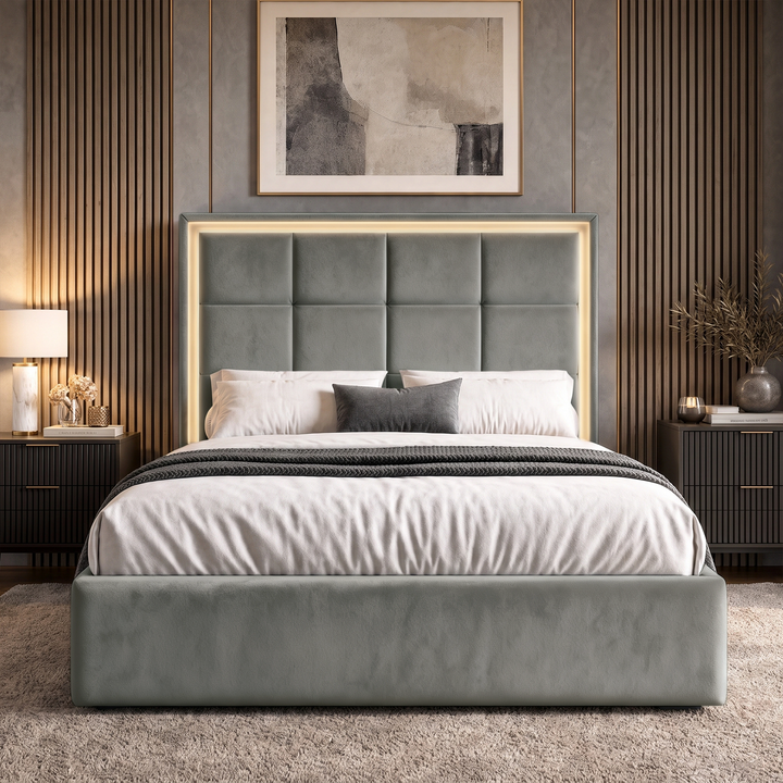 [Grey | King] LED ottoman bed front view with square-panel headboard, lit border and low footboard