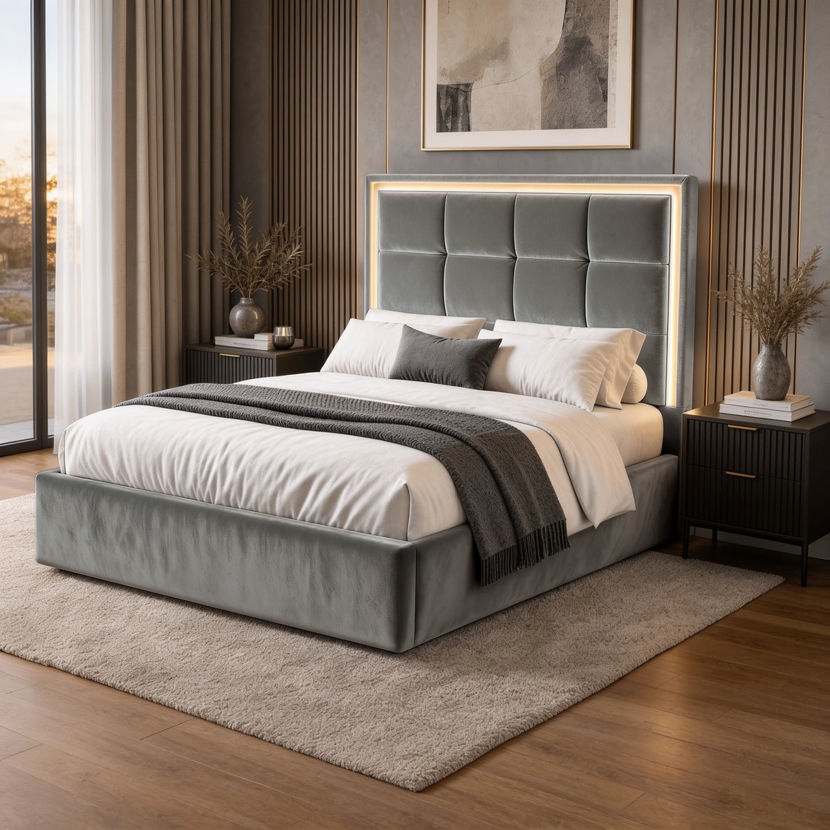 [Grey | King] LED ottoman bed lifestyle room view with glowing headboard border and bedside storage