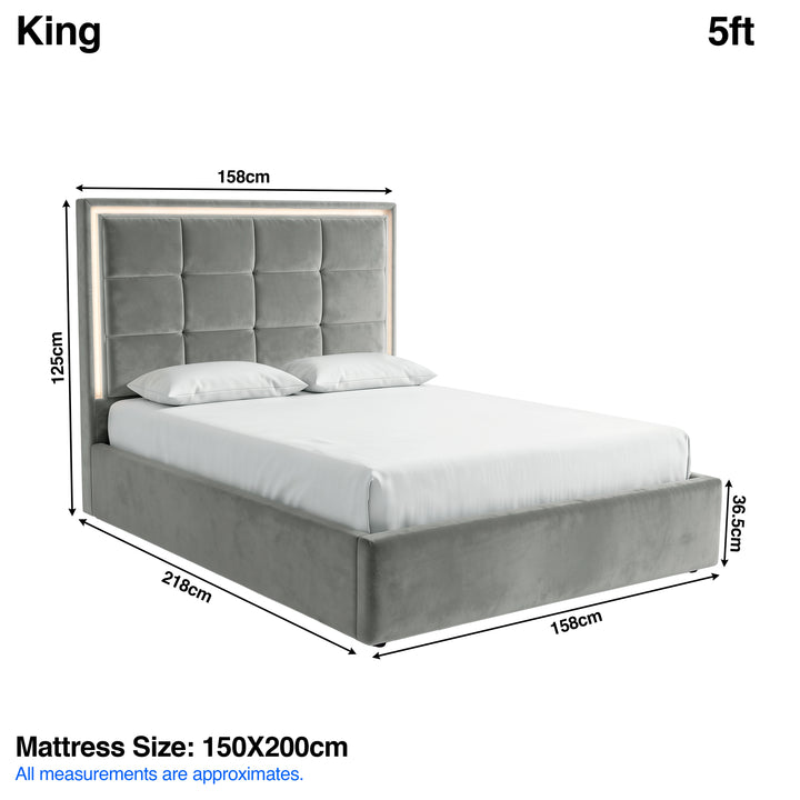 [Grey | King] LED ottoman bed dimensions: frame 158W x 218L x 125H cm; mattress 150 x 200 cm