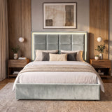 [Light Grey | King] LED ottoman bed front view with square-panel headboard, lit border and low footboard