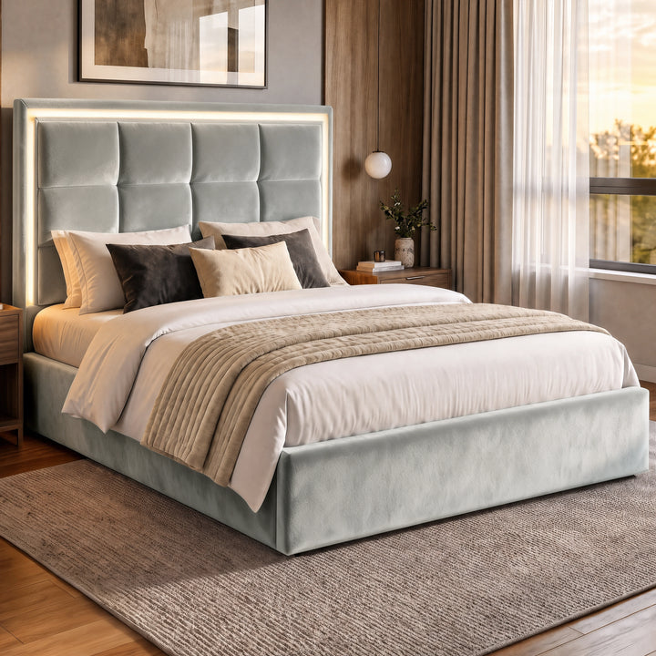 [Light Grey | King] LED ottoman bed in bedroom with square-panel headboard, lit LED border and padded base