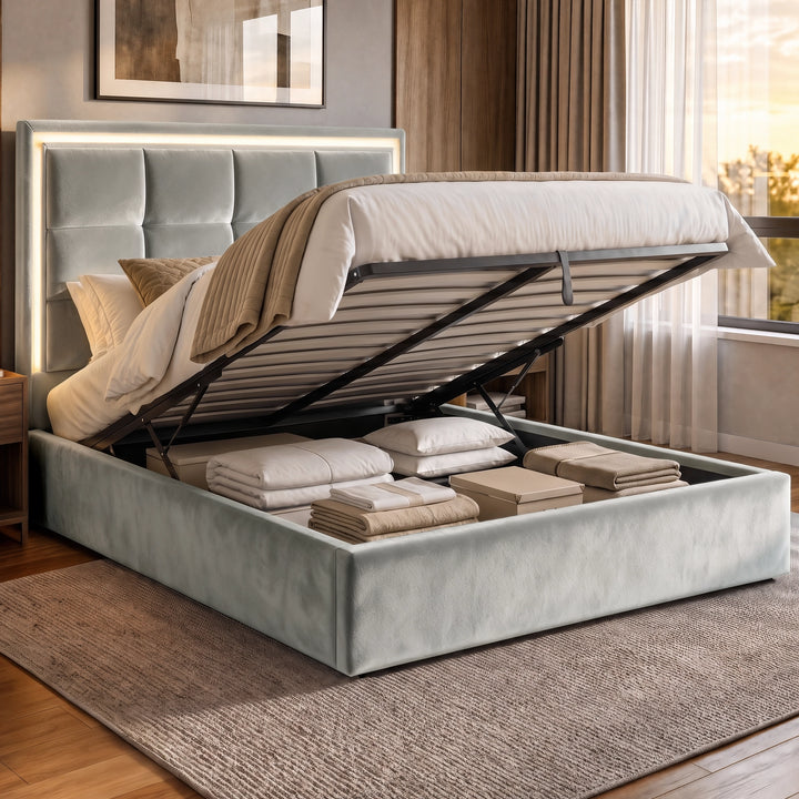 [Light Grey | King] LED ottoman bed open with gas-lift frame, slatted base and hidden storage