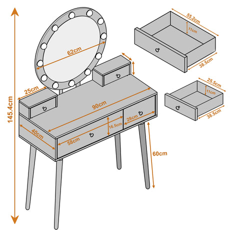 Dresser with mirror and drawers with dimensions labeled