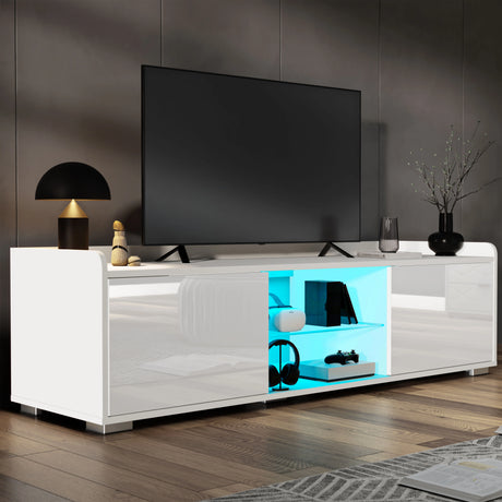 Modern white TV stand with a black TV mounted on a dark wall.
