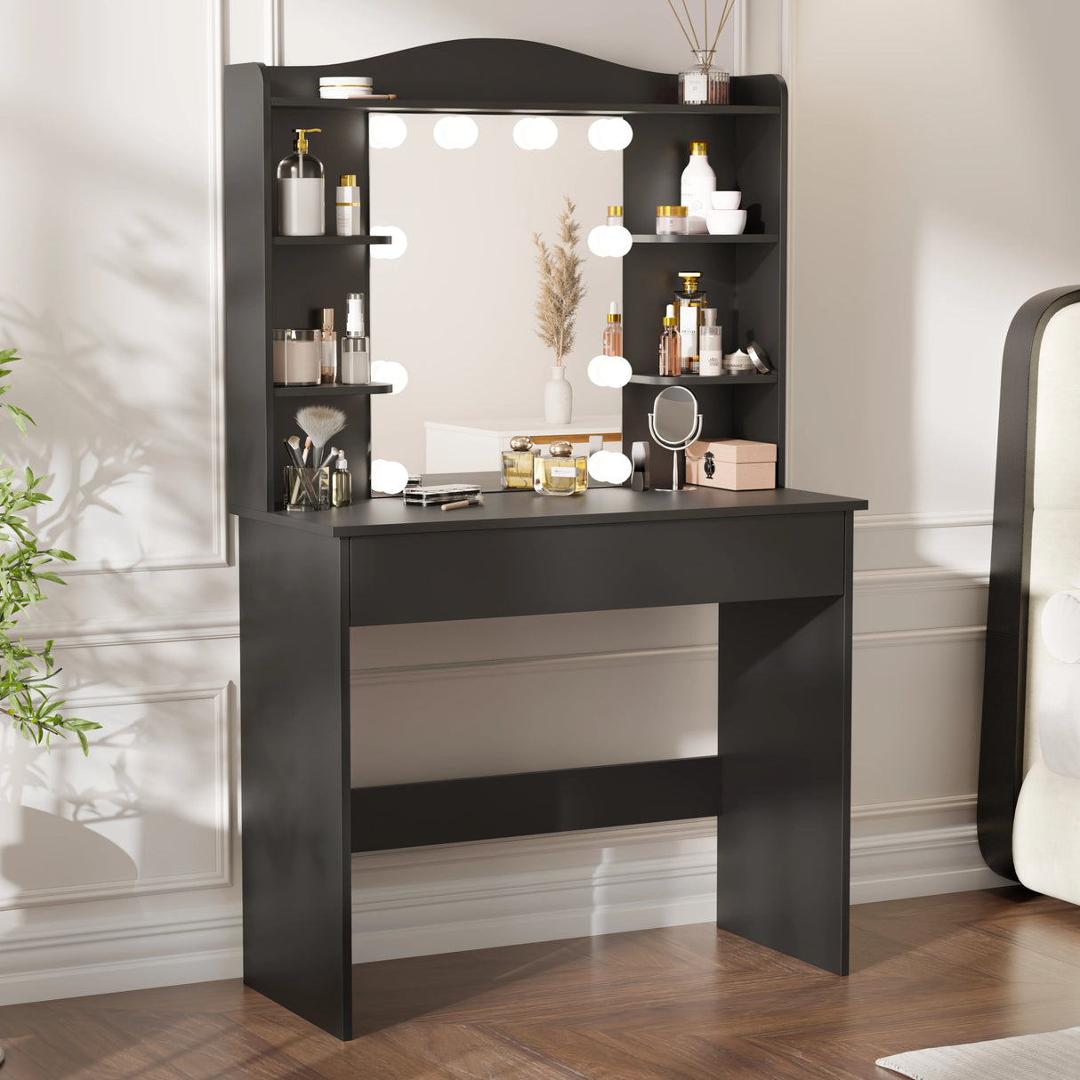 Black dressing table with mirror and LED lights, featuring 5 side shelves and 1 large drawer, ideal for makeup and bedroom vanity setup.