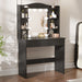 Black dressing table with mirror and LED lights, featuring 5 side shelves and 1 large drawer, ideal for makeup and bedroom vanity setup.