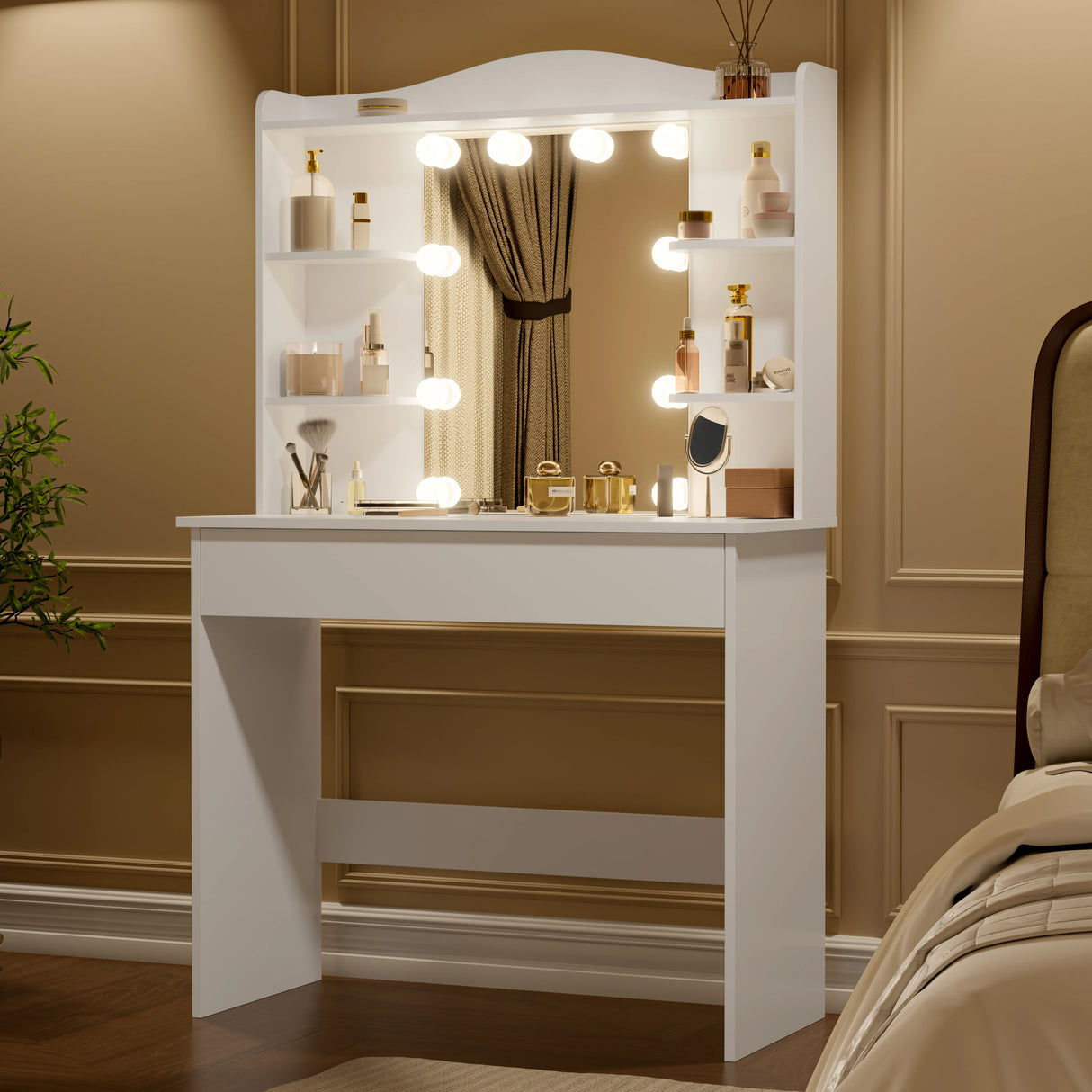 White Dressing Table With Mirror & LED Lights featuring 5 side shelves and 1 large drawer, ideal for bedroom vanity and makeup storage setup.