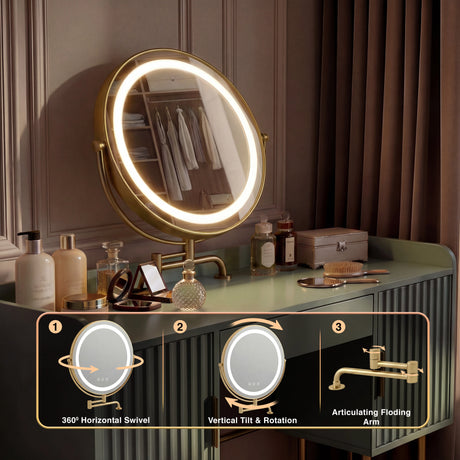 LED vanity mirror with 360° swivel, vertical tilt and adjustable floating arm on a green modern dressing table