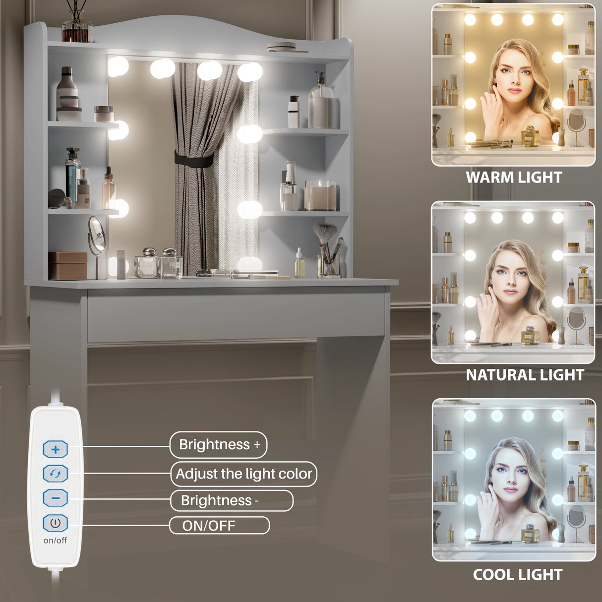 Dressing Table With Mirror & LED Lights - Makeup Vanity Desk in grey with adjustable brightness and 3 light modes: warm, natural, and cool. Features 1 large drawer, 5 storage shelves, and a remote control for light settings.