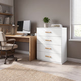 [White] White 4-drawer dresser with wooden handles placed next to a wooden desk in a modern home office space