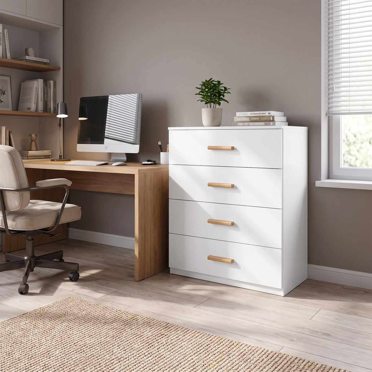 [White] White 4-drawer dresser with wooden handles placed next to a wooden desk in a modern home office space