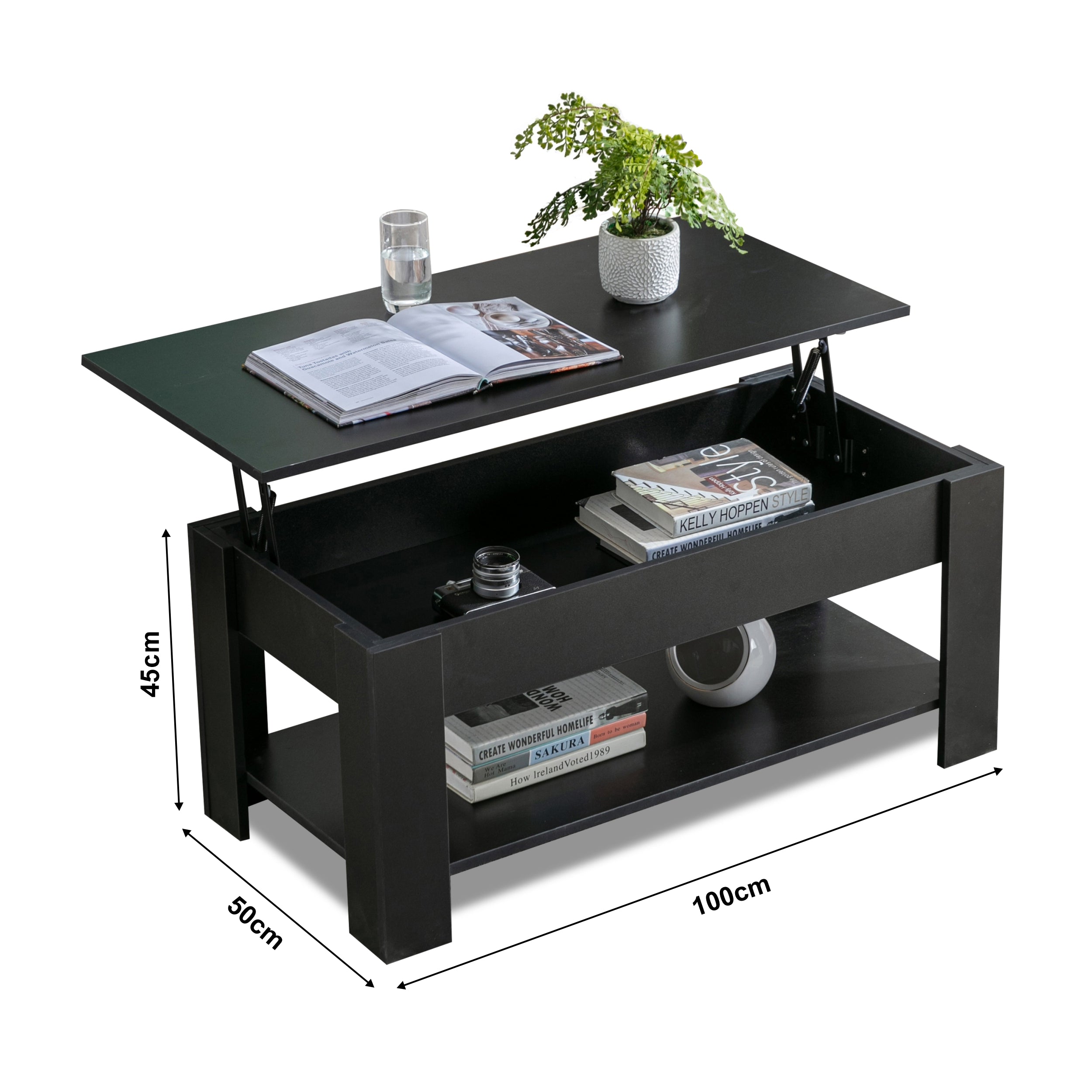 Black lift-top coffee table with spacious storage shelf and a modern design.