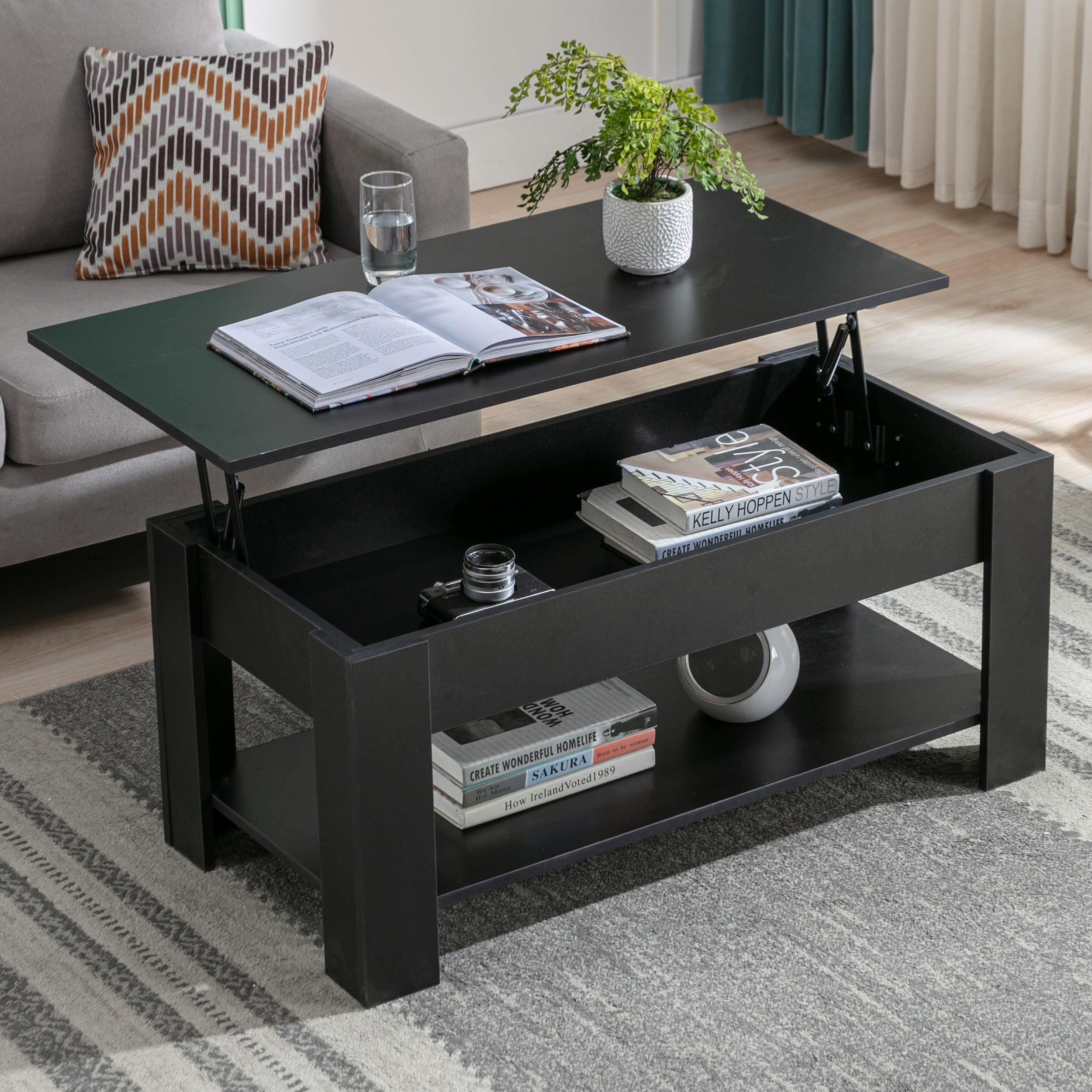 Black lift-top coffee table with storage, featuring a sleek design, adjustable table top open shelving.