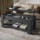 [Grey + Marble Black] dark grey lift top coffee table angled, marble-pattern surface lifted exposing compartment