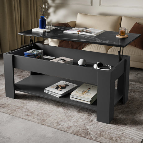 [Grey + Marble Black] dark grey lift top coffee table angled, marble-pattern surface lifted exposing compartment