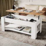 [White + Pine] two-tone white pine lift top coffee table 120cm wide, raised wood top, books on bottom shelf