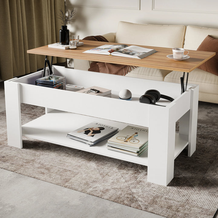 [White + Pine] two-tone white pine lift top coffee table 120cm wide, raised wood top, books on bottom shelf