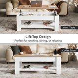 [White + Pine] two-tone white pine lift top coffee table at raised height with laptop, headphones on shelf