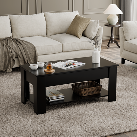 Black lift top coffee table with storage shelf for modern living room decor.