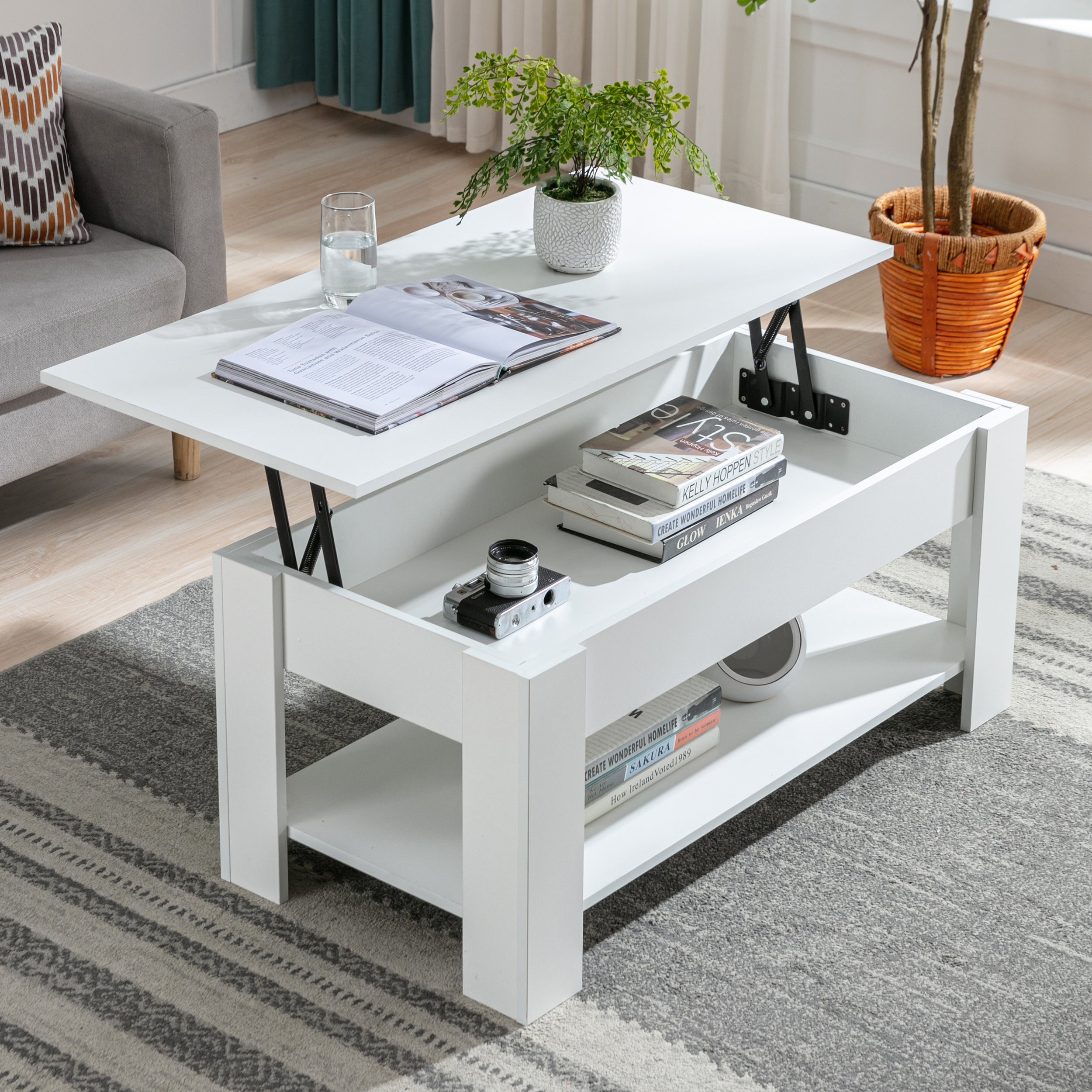 White lift-top coffee table with storage, featuring a modern design, books, camera, and decorative plants.