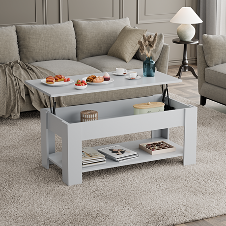 Lift top coffee tables grey with hidden storage and modern design for living room.