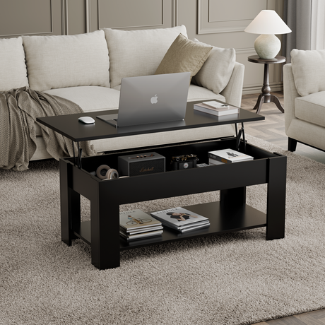 Black lift top storage coffee table with hidden compartment for modern living room.