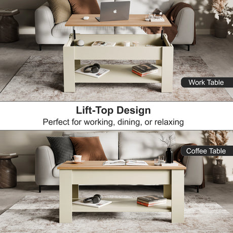 Lift top coffee table with storage in cream and pine finish, shown in raised and closed positions for work and coffee table use in modern living room.