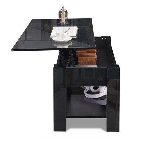 Side view of lift-up black coffee table with Storage & gloss top, showing storage area.