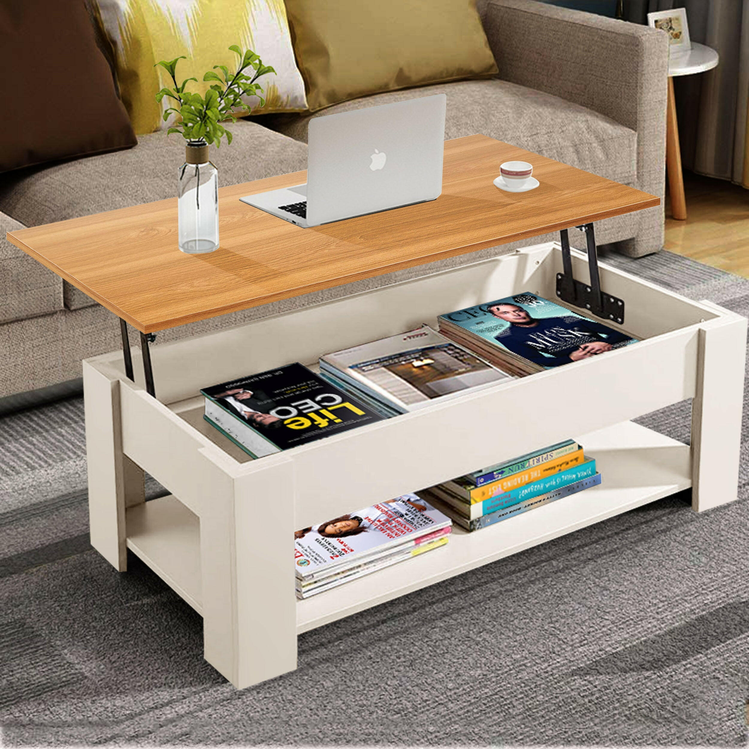 Adjustable coffee table with storage and lift-up top, featuring a wooden surface.