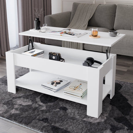 White lift top coffee table with storage, 100cm wide, featuring hidden compartment and lower shelf, ideal for modern living rooms.