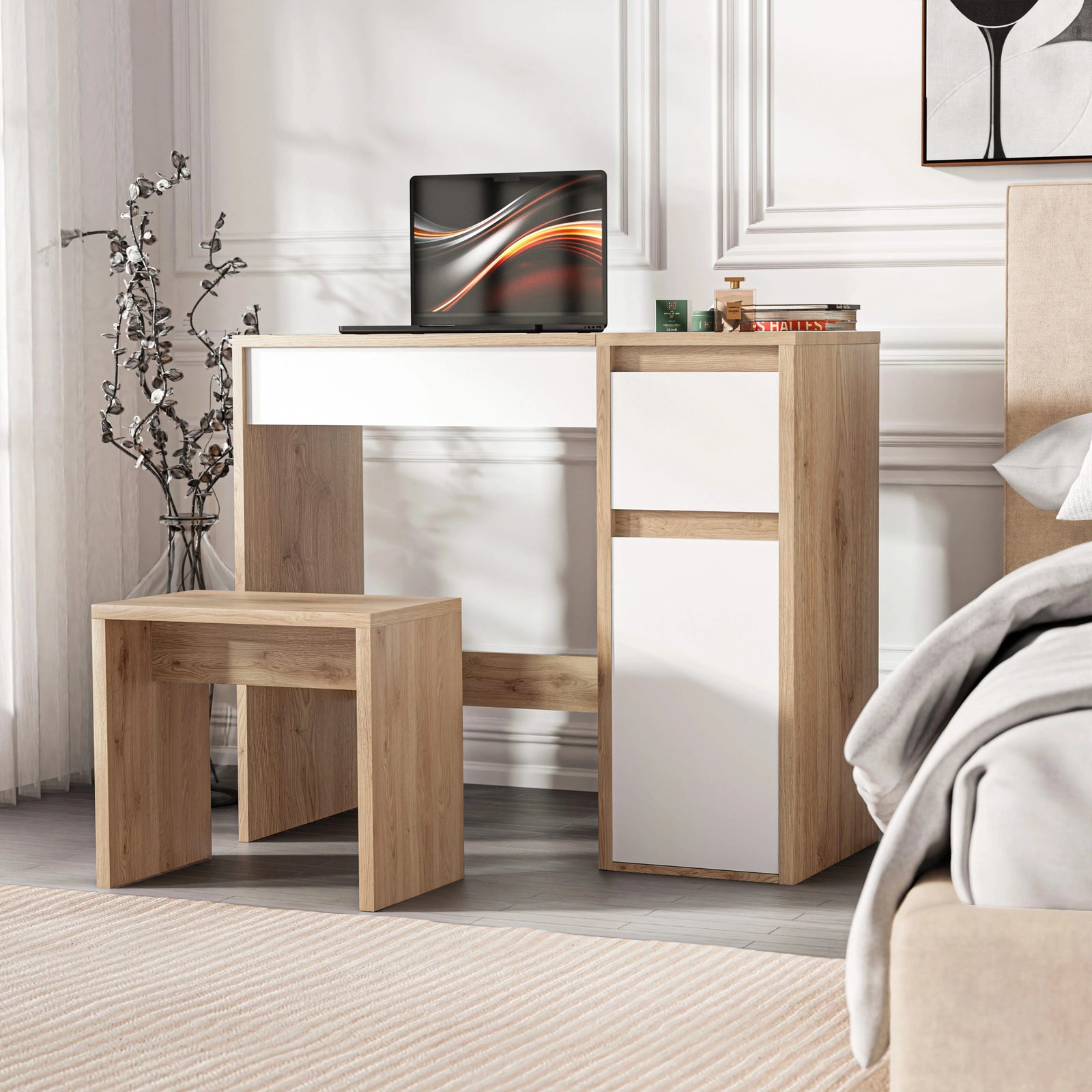 [Oak + White] two-tone vanity in desk mode with closed flip-mirror, laptop screen on, beside a beige bed
