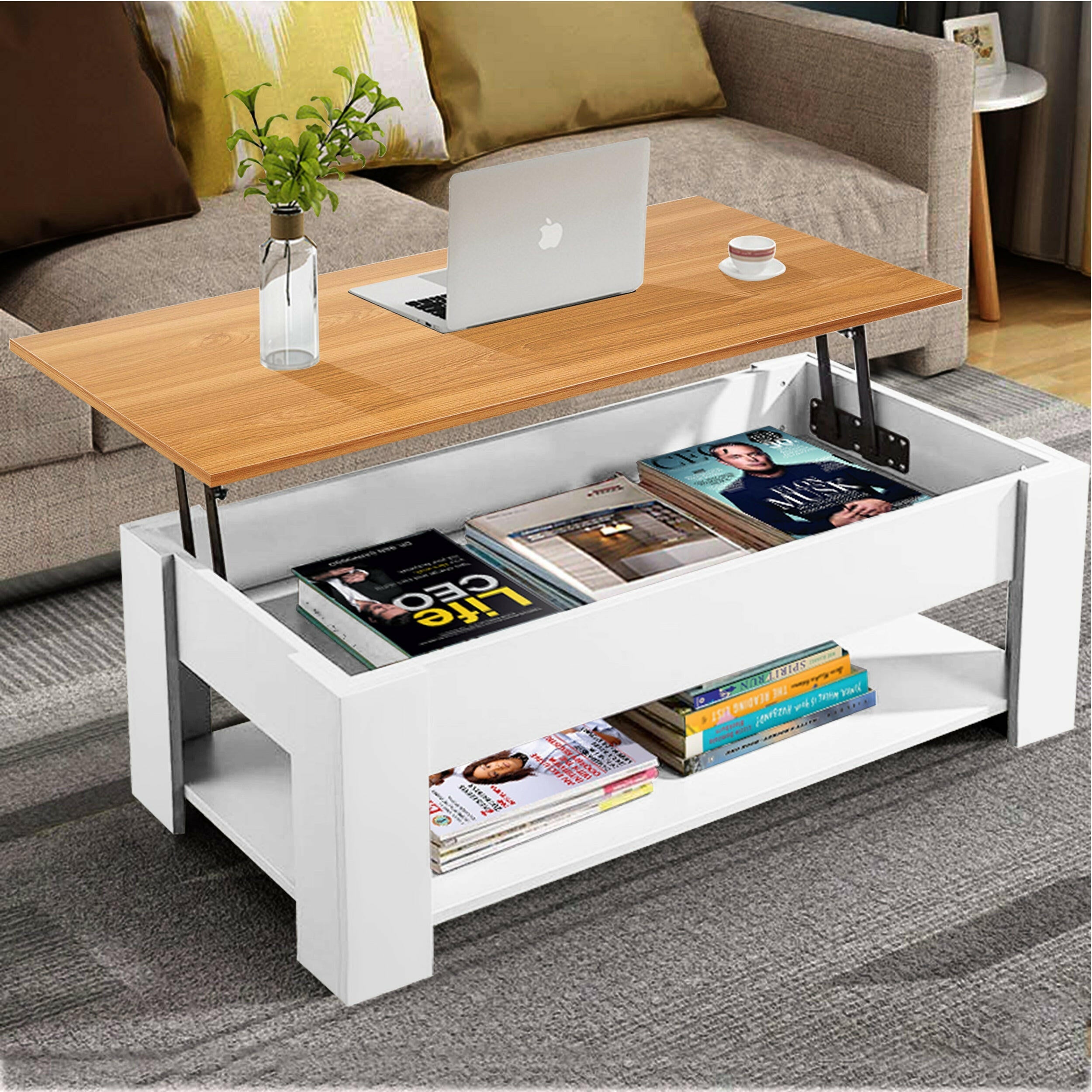 Lift-top coffee table with wood grain surface, white base, and storage shelf, for modern living room