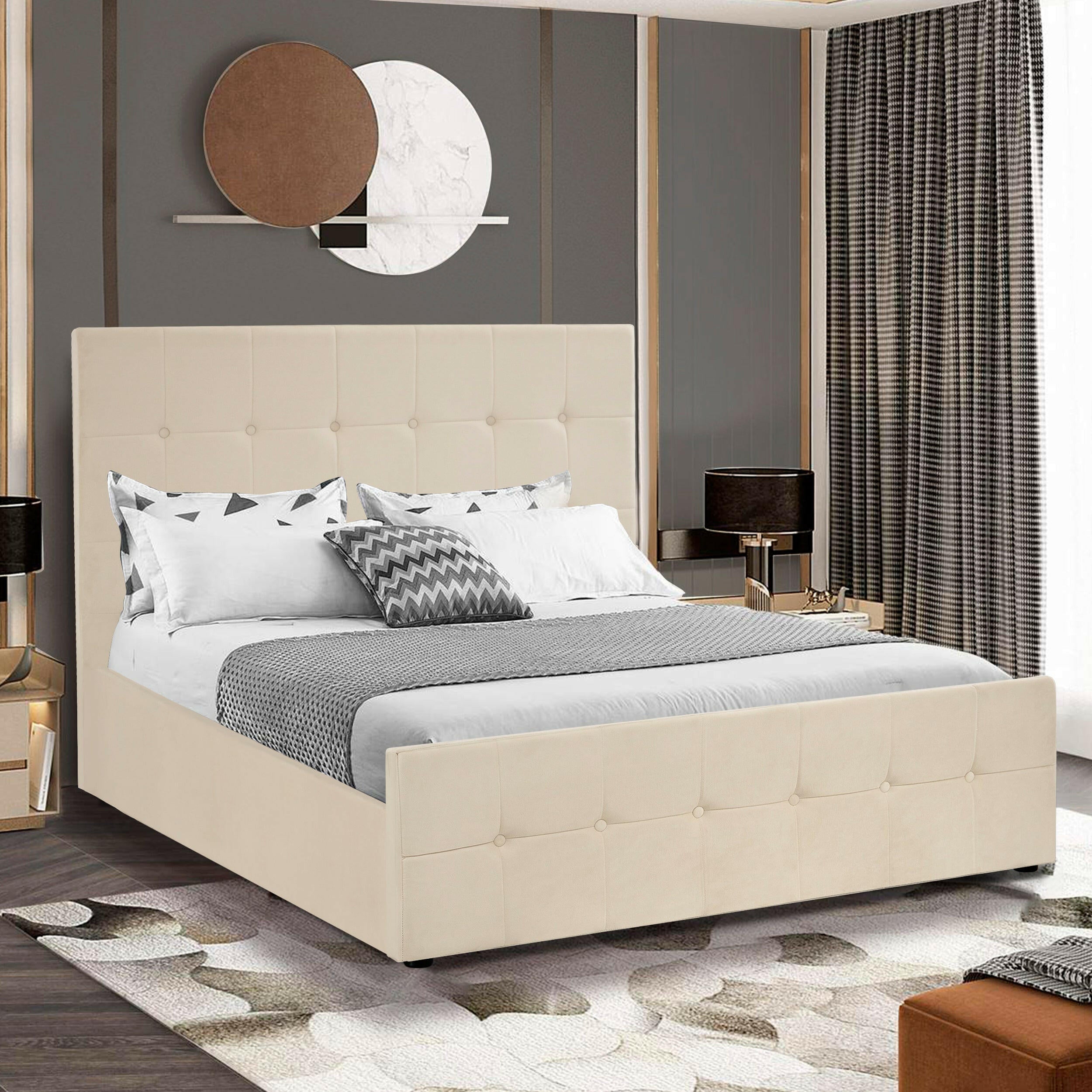 Beige ottoman storage bed with tufted design, adding elegance to a contemporary bedroom.